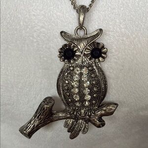 Vintage Silver Tone and Rhinestones Owl Pendant Long Necklace